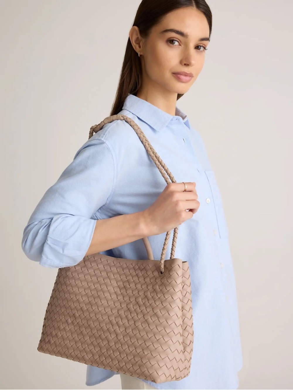 NWOT Quince Italian Leather Taupe Handwoven Satchel Bag - Picture 4 of 14